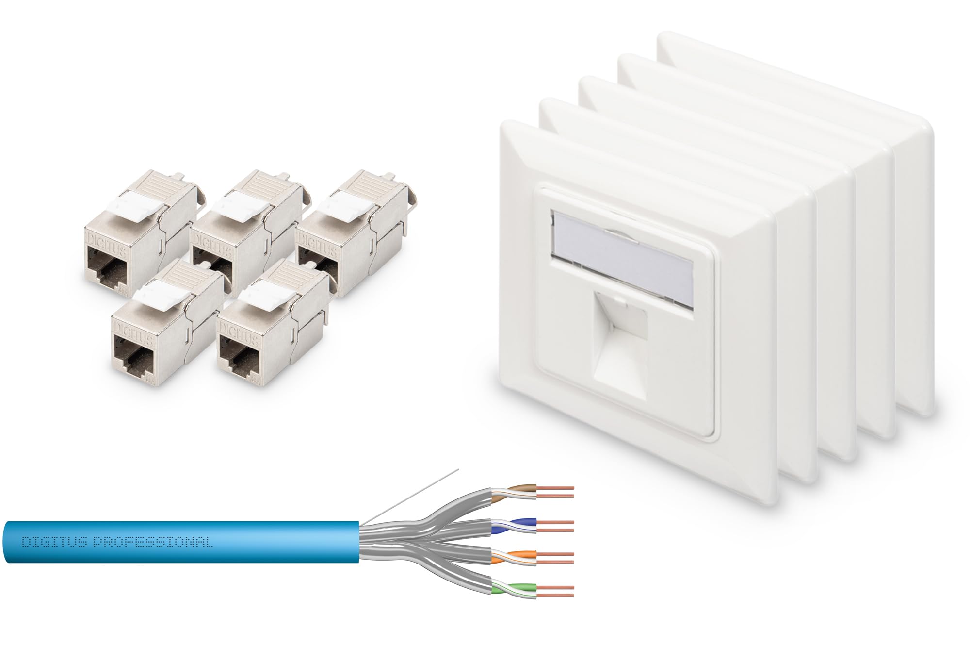 DIGITUS Set: Cat-6A Verlegekabel 100 m + 5x Netzwerkdose für 1 Keystone-Modul + 5x Keystone-Module Cat 6A // Netzwerkkabel Cat.6A U-FTP PiMF Simplex BauPVO Eca LSZH 500 MHz Kupfer AWG 23/1