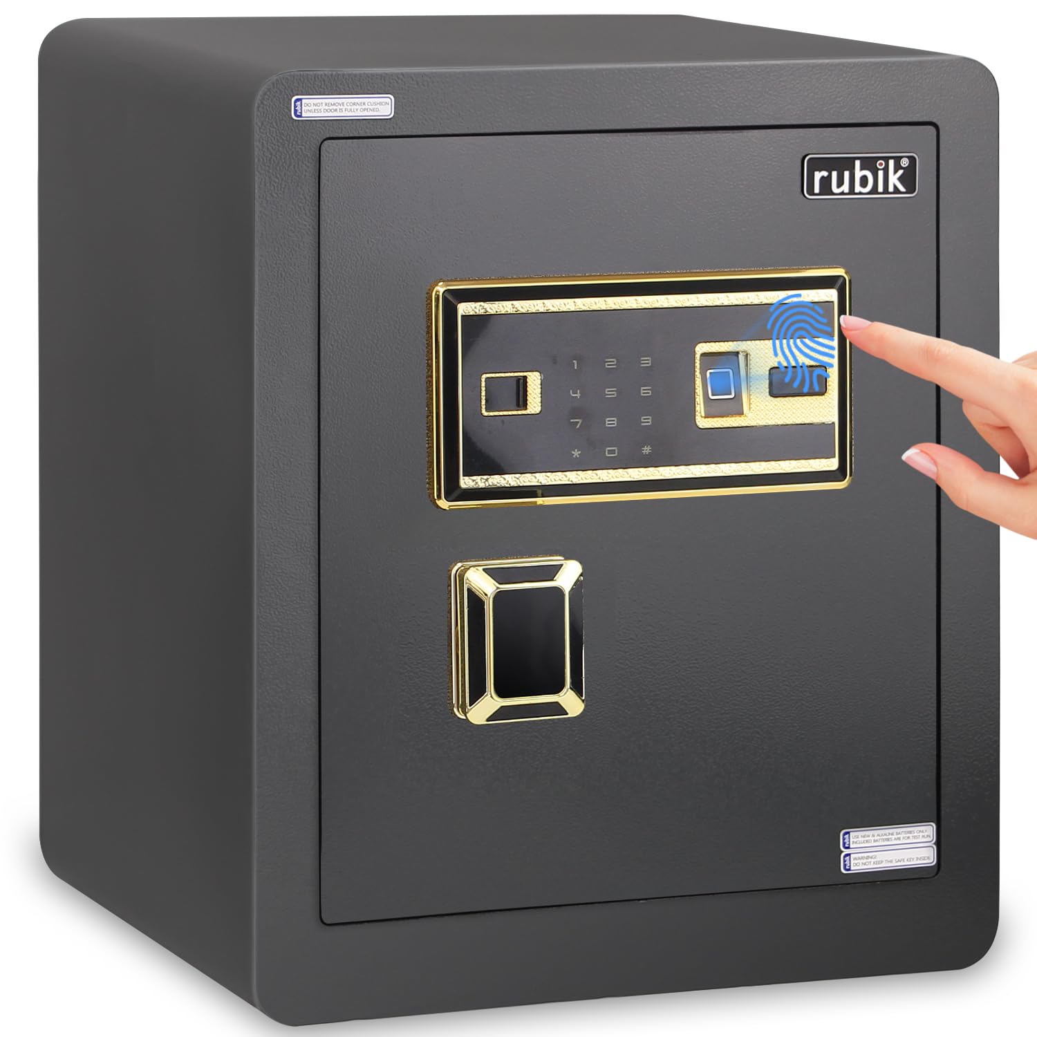 Rubik Large Safe Box with Biometric Fingerprint, Digital Optical Keypad and Key Lock Protects Documents Cash Jewelry Passports, 1.87cb-ft for Home Office, RB45GF (Size 45x38x31cm) Dark Grey