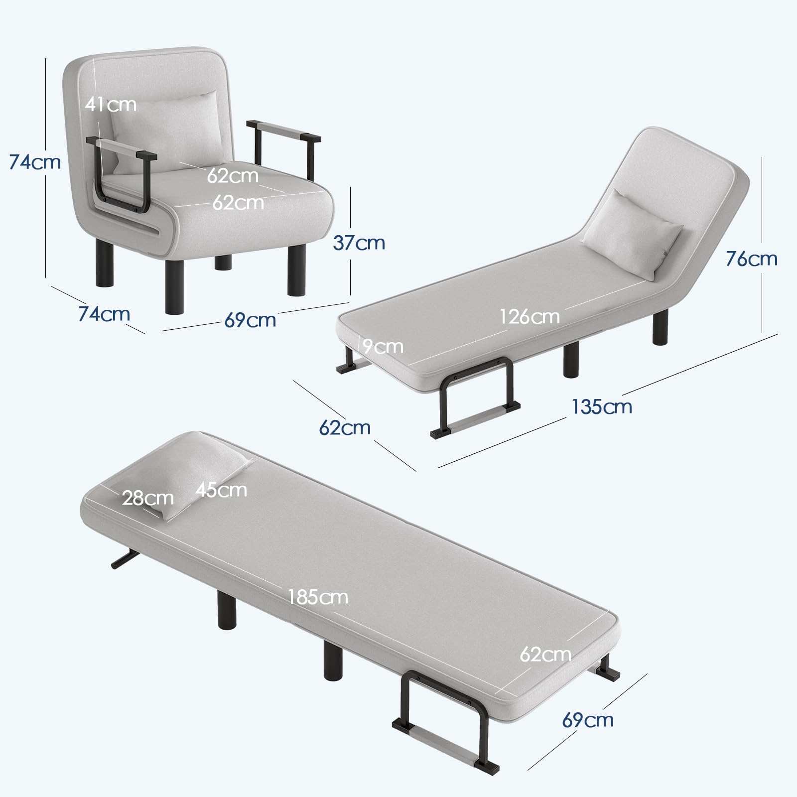 Poltrona Letto 4 in 1, Poltrona Divano Letto Singolo, Poltrona Pieghevole con Schienale Regolabile in 6 Posizioni per Camera da Letto Soggiorno Ufficio, Gregio chiaro