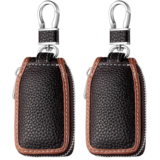 2 PCS Leather Car Key Case with Keychain, Universal Zipper Key Fob Holder, Smart Car Key Protector Cover, Premium PU Leather Key Organizer with Metal Hook for Men & Women (Brown)-picture-44
