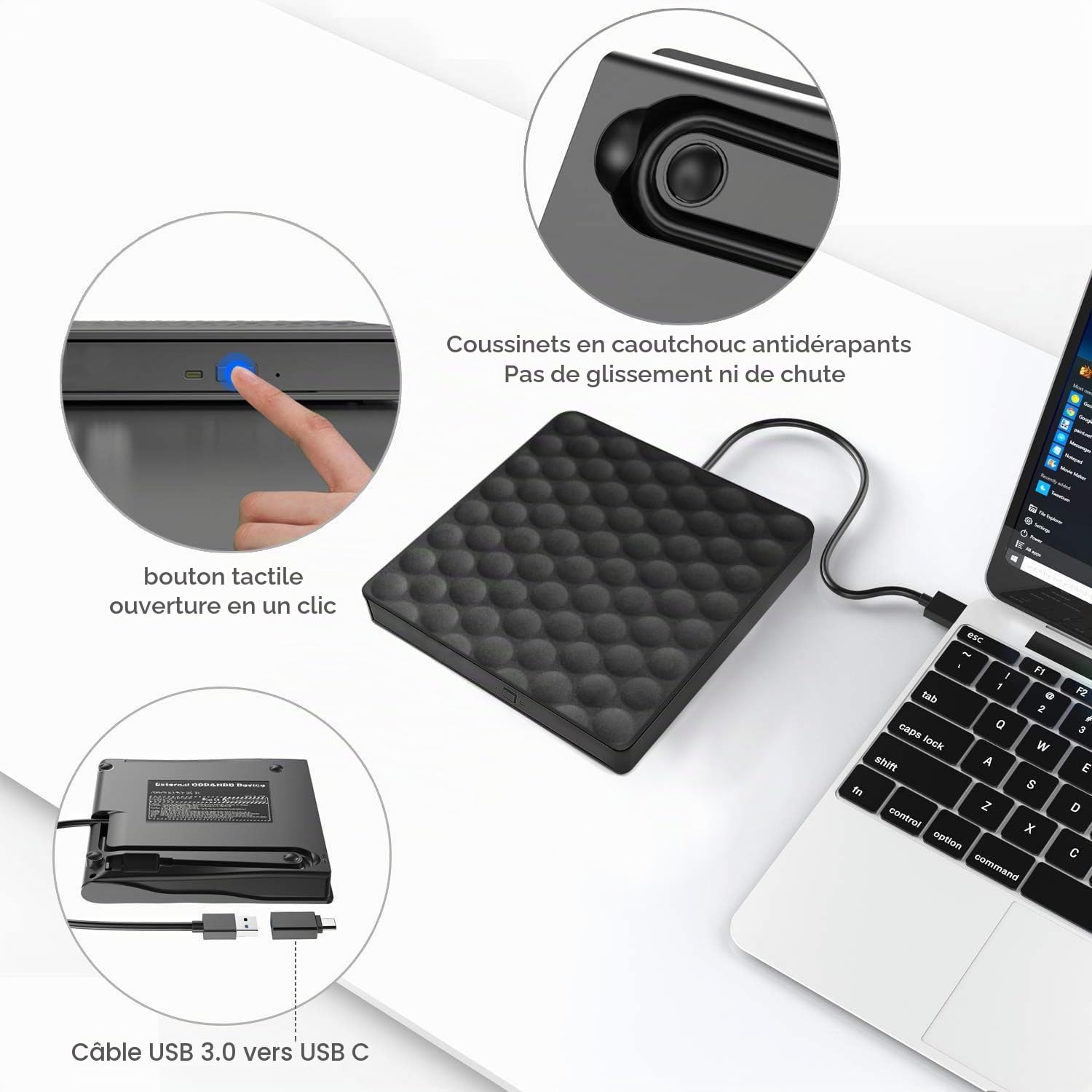 Lecteur CD/DVD Externe pour PC, USB 3.0 Type C Graveur Enregistreur Portable RW/ROM Mince Transmission Rapide Câble USB Intégrée Windows/Mac OS/iMac/Macbook/Laptop/Desktops/PC