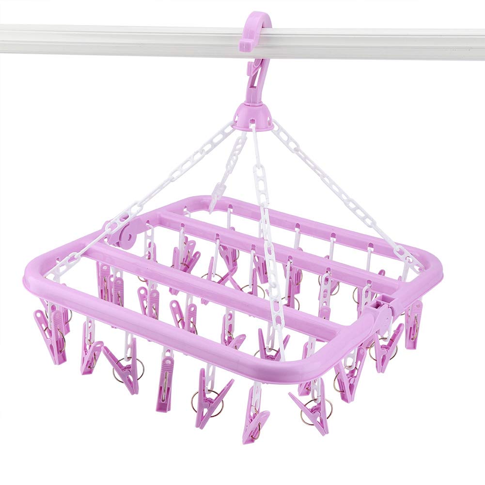 JULYKAI Clothes Dryer, 32 Clips, Foldable Tumble Dryer, Windproof Socks, Underwear, Clothes Airer, Children's Clothes Rack, Underwear Dryer (Purple)