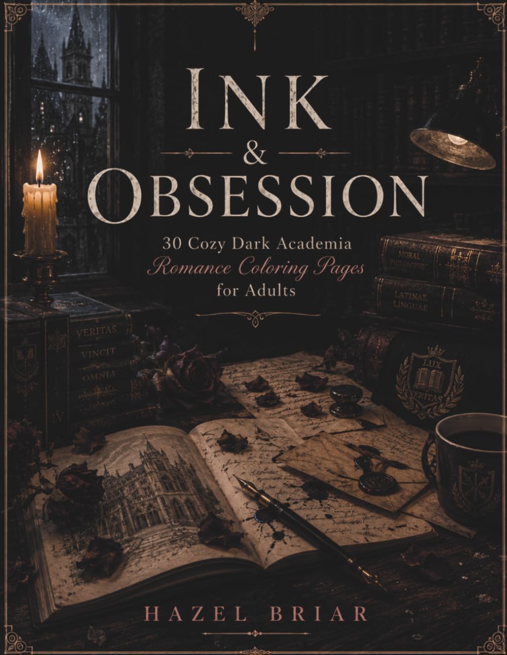 Ink & Obsession: Coloring Book | 30 Cozy Dark Academia Romance Coloring Pages for Adults with Candlelit Libraries, Gothic Architecture, Secret Reading Nooks, Books, Roses, and Handwritten Letters