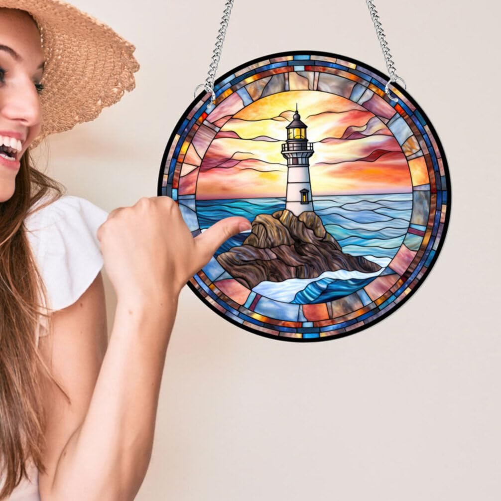 Buntglas-Leuchtturm Sonnenfänger – 20 Cm Durchmesser, Mit Aufhängekette, Fenster- Oder Wanddekoration, Lebendige Farben