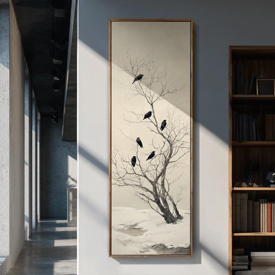 XINBAO Vertical Bird Animals Art,Large Canvas Print, Tall Thin Canvas Wall Art for Living Room Decor, Slender Branch Painting(35x105cm/Frameless)