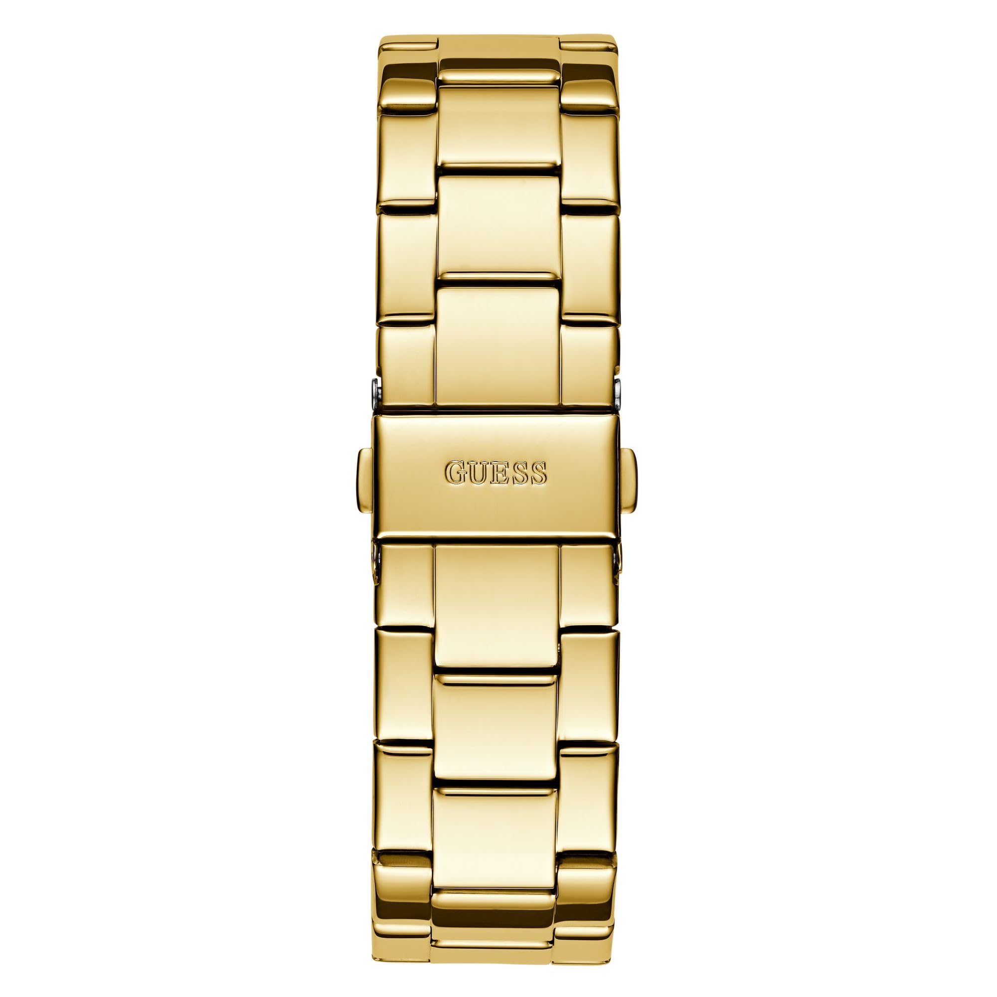 Guess Damen Armbanduhr ZOE mit Zirkonia, goldfarbenes Edelstahlarmband, Mineral Glas, goldenes Ziffernblatt, 5 Bar, Gehäusedurchmesser: 38 mm, GW0760L2