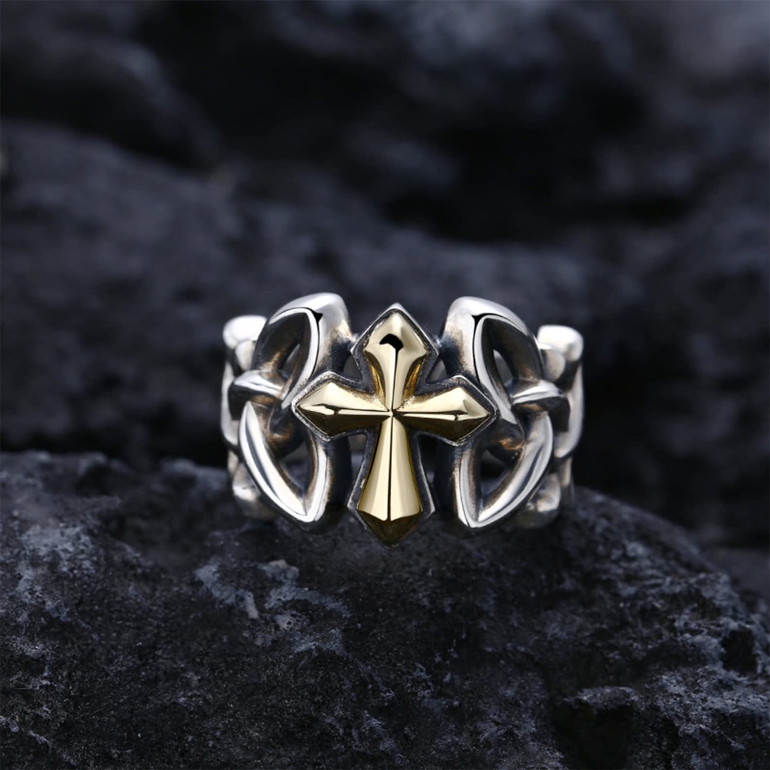 Anillo de cruz ajustable abierto para hombre, de plata de ley S925, chapado en oro, hecho a mano, accesorios de joyería vintage.