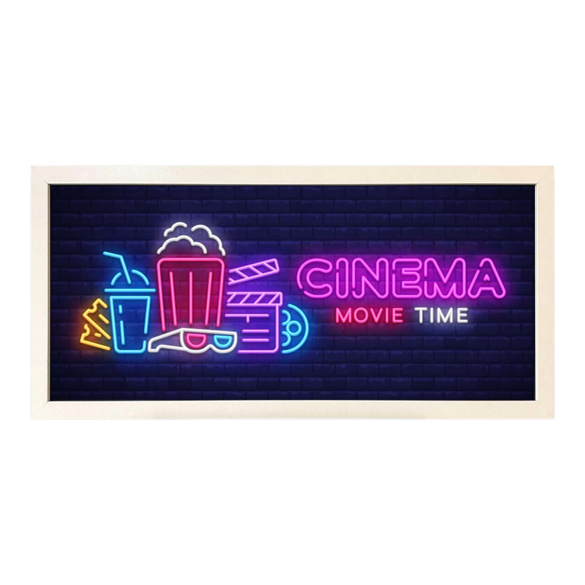 Echo Three White Wall Art Framed Print Home Cinema Movie Time | Neon Effect Print Room Sign | Retro Theatre Lounge Room Decor | Large Wide Movie Night Sign Now Showing Fan Display | Film Fan Gift