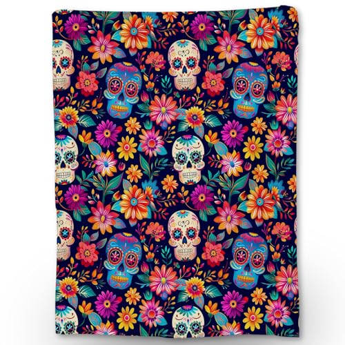 Image of Print Blanket Colorful Skull Flower Halloween Funny Throw Blanket Soft Blankets For Outdoor Travel Homeware