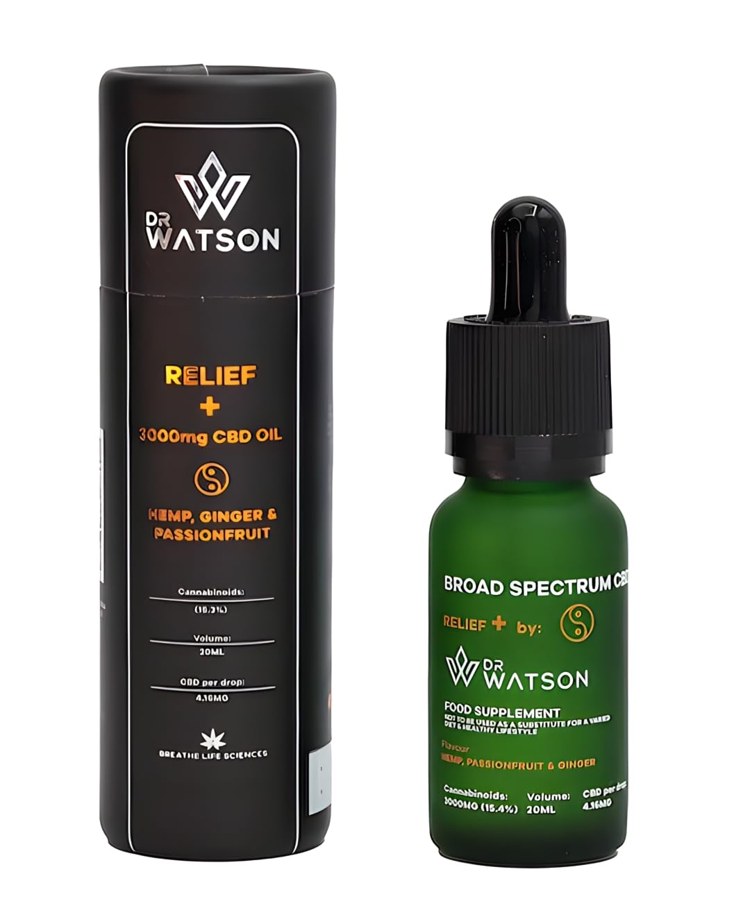 Dr WatsonRelief + Plus High Strength Broad Spectrum CBD Oil Support Your Body Before During & After Exercise All Natural Hemp Passionfruit & Ginger 20ml 3000mg