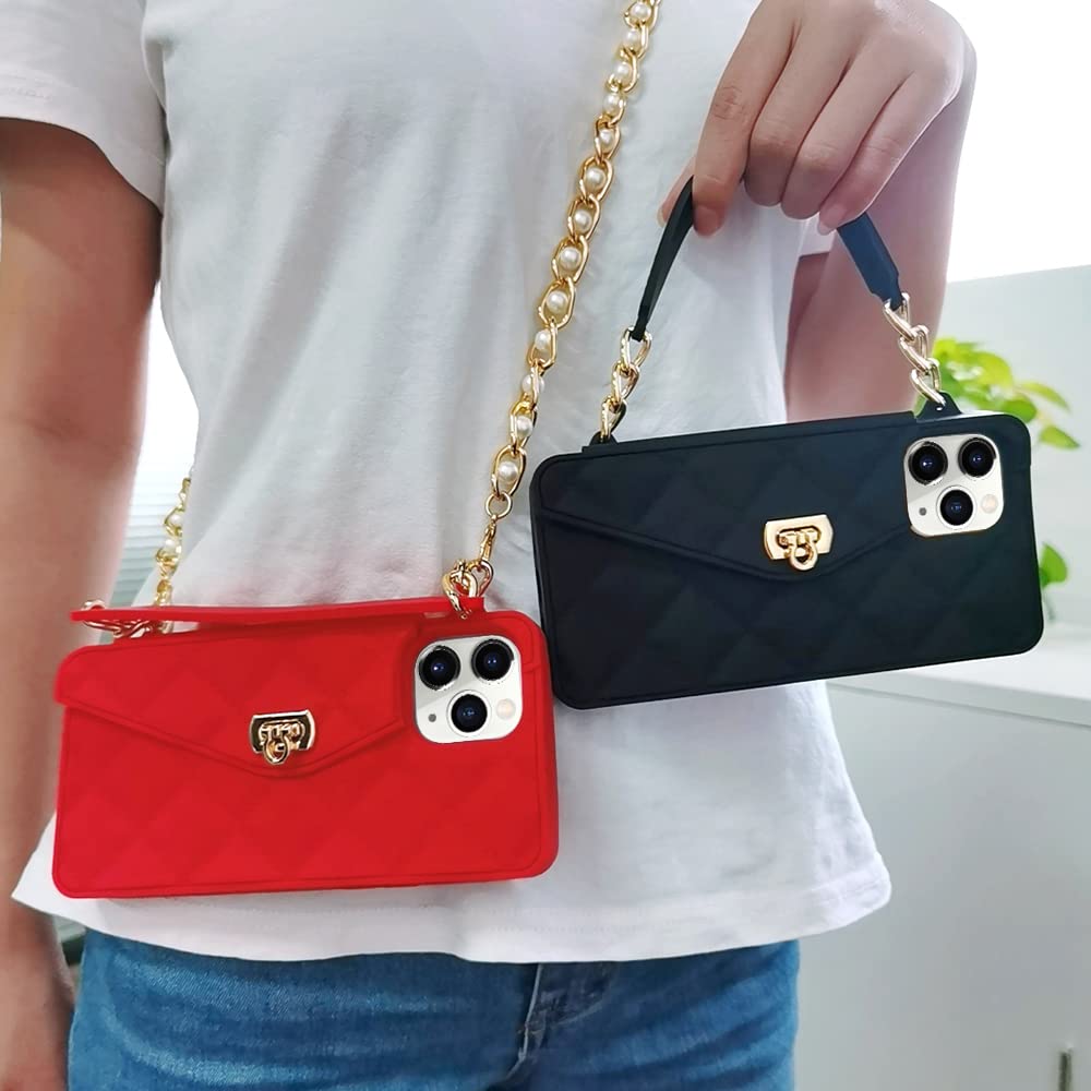 Omio for iPhone 11 Pro Max Wallet Case with Card Holder Luxury Chain Case  with Long Pearl Shoulder Crossbody Lanyard Wrist Strap Soft Silicone Handbag