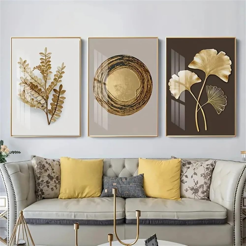 WUHBCZ Canvas Paints-Modern Nordic Abstract Ginkgo Leaf Canvas Wall Art Posters Golden Poster Print for Home Living Room Bedroom Corridor Decor Painting-60 * 70cm/3PCS (No Frame)