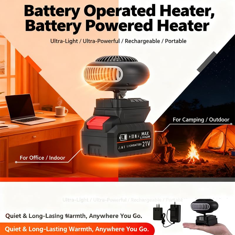 Image of Upgrade Battery Operated Heater, Battery Powered Heater, Universal 18-21V, Ultra-Powered /Light /Rechargeable /Portable /360-Degree Adjustable with Dual USB, for Camping /Office /Indoor (No Battery)