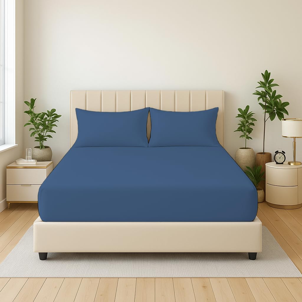 Dazzle Collection® Full Fitted Sheet Bed Sheets 100% Polycotton Machine Washable Fitted Sheet (King, Mid Blue)