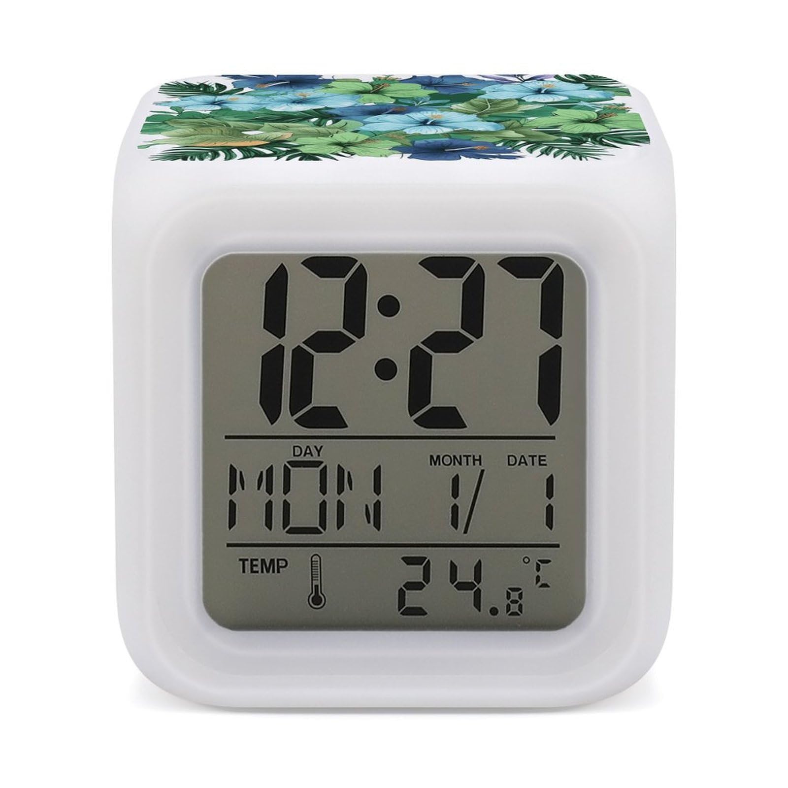 Reloj despertador de flores de hibisco verde y azul pequeño con temporizador digital