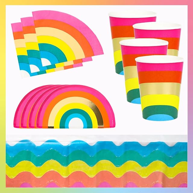 Talking Tables Rainbow Party Supplies Tableware Set and Decorations for 8 Guests | Colourful Paper Plates, Napkins, Tablecover | Perfect for Kids Birthday or Pride Celebrations,