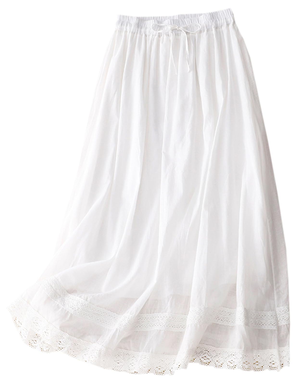 SANGTREEWomen's Lace Cotton Linen Midi Skirt High Waisted A Line Flowy Swing Boho Long Skirts