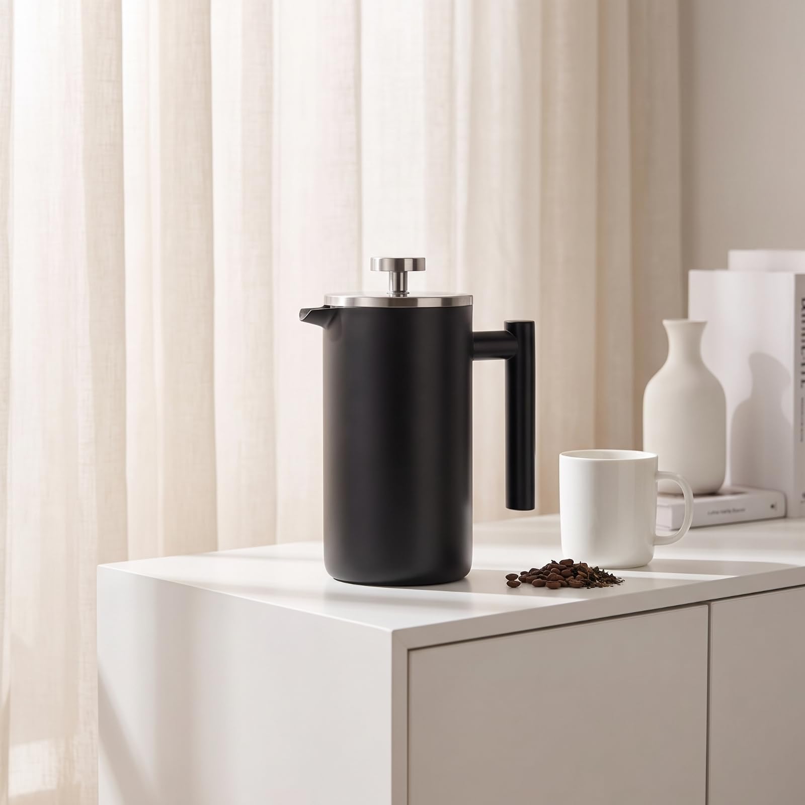 Cafetera Émbolo Francesa Acero Inoxidable Émbolo Francesa con Doble Filtro Negro Opaco Cafetera con Filtros para Hogares, sayuno, Cocina, Oficina