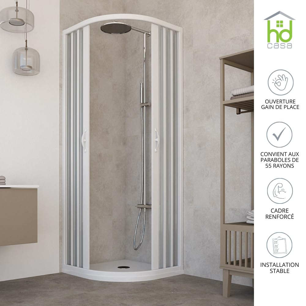 HD CASA Box Doccia Semicircolare a Soffietto Modello Roxana, Apertura Centrale Reversibile, Cabina Doccia Salvaspazio in PVC Made in Italy 80x80 cm