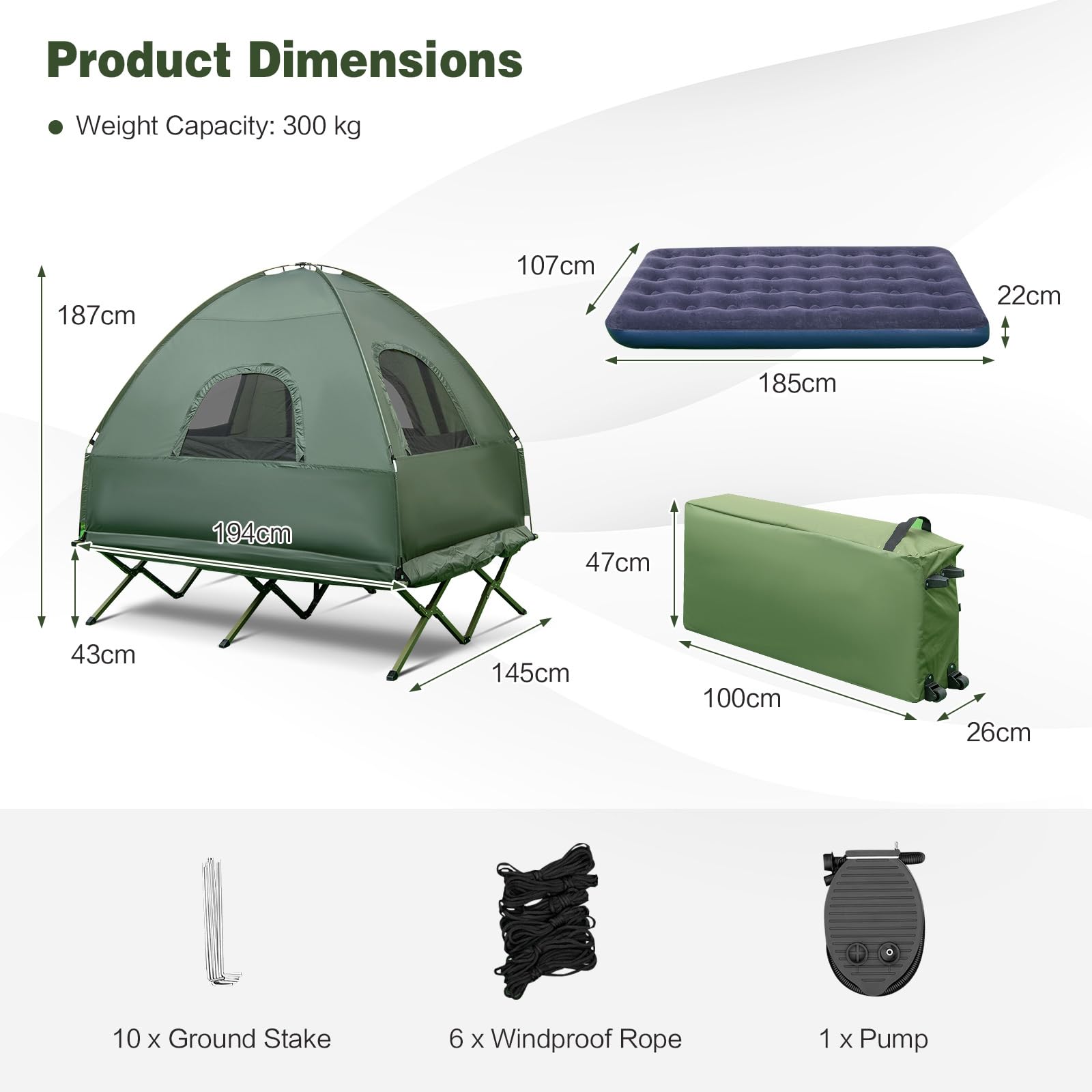 SOARS Tenda da Campeggio 5 in 1, con Brandina Letto da Camperggio Rialzato e Matterasso Gonfiabile Spesso, con Cuscino, Sacco a Pelo e Borsa, Facile da Trasportare, Professionale