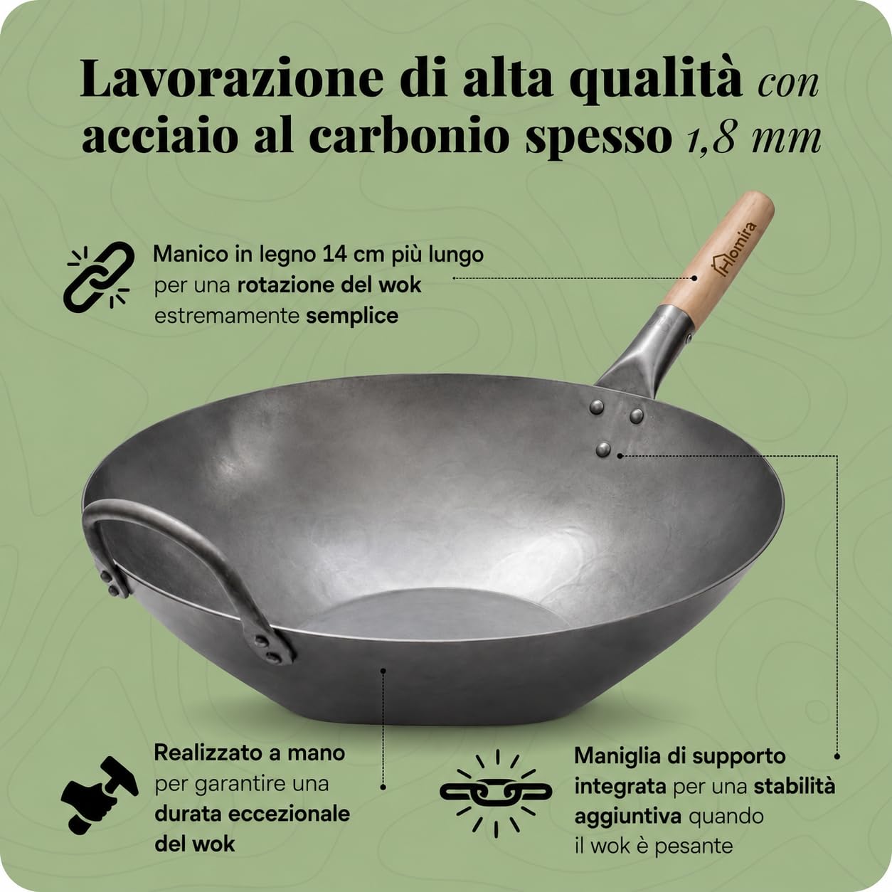 Homira Wok 36 cm in Acciaio al Carbonio, Martellato a Mano, Fondo Piatto e Manico in Legno, Senza PFAS, Padella Wok Cinese per Tutti i Piani Cottura, Induzione, Gas, Barbecue e Outdoor