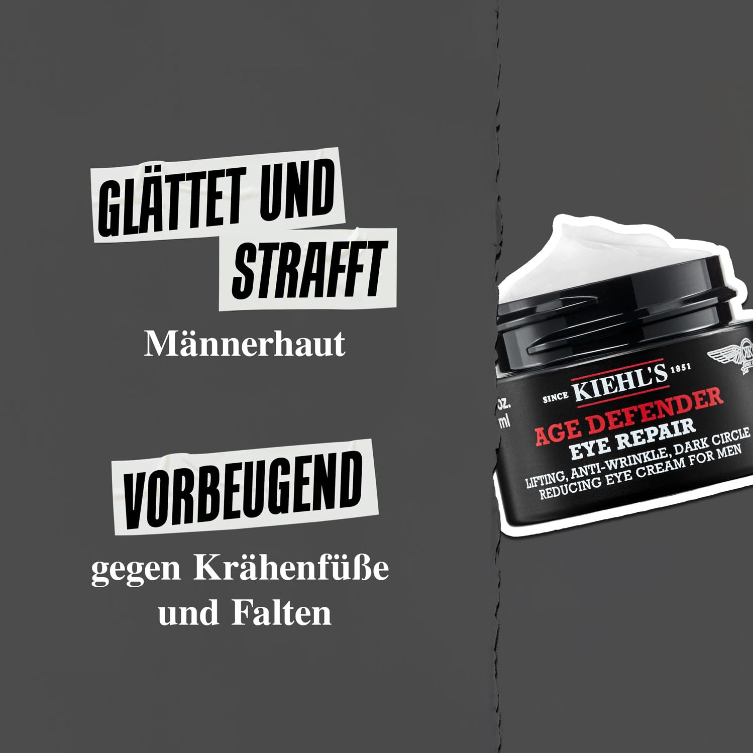 KIEHL'S Age Defender Eye Repair, 14 ml, revitalisierende Anti-Aging-Augencreme für Männer, All-in-One-Augenpflege bei müden Augen, Krähenfüßen und Augenringen, Mit Lifting-Effekt