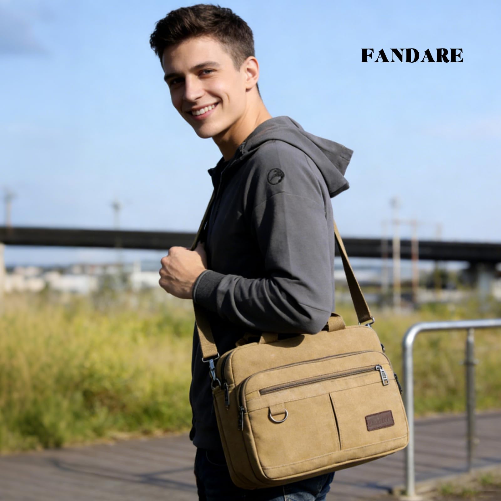 FANDARE Retro Aktentasche Herren Canvas Büro-Tasche Umhängetasche für 12,9-Zoll-Laptops Dokumententasche Mappe mit mehreren Fächern für Reisen Beruf Berufstätige & Geschäftsleute Messenger Bag
