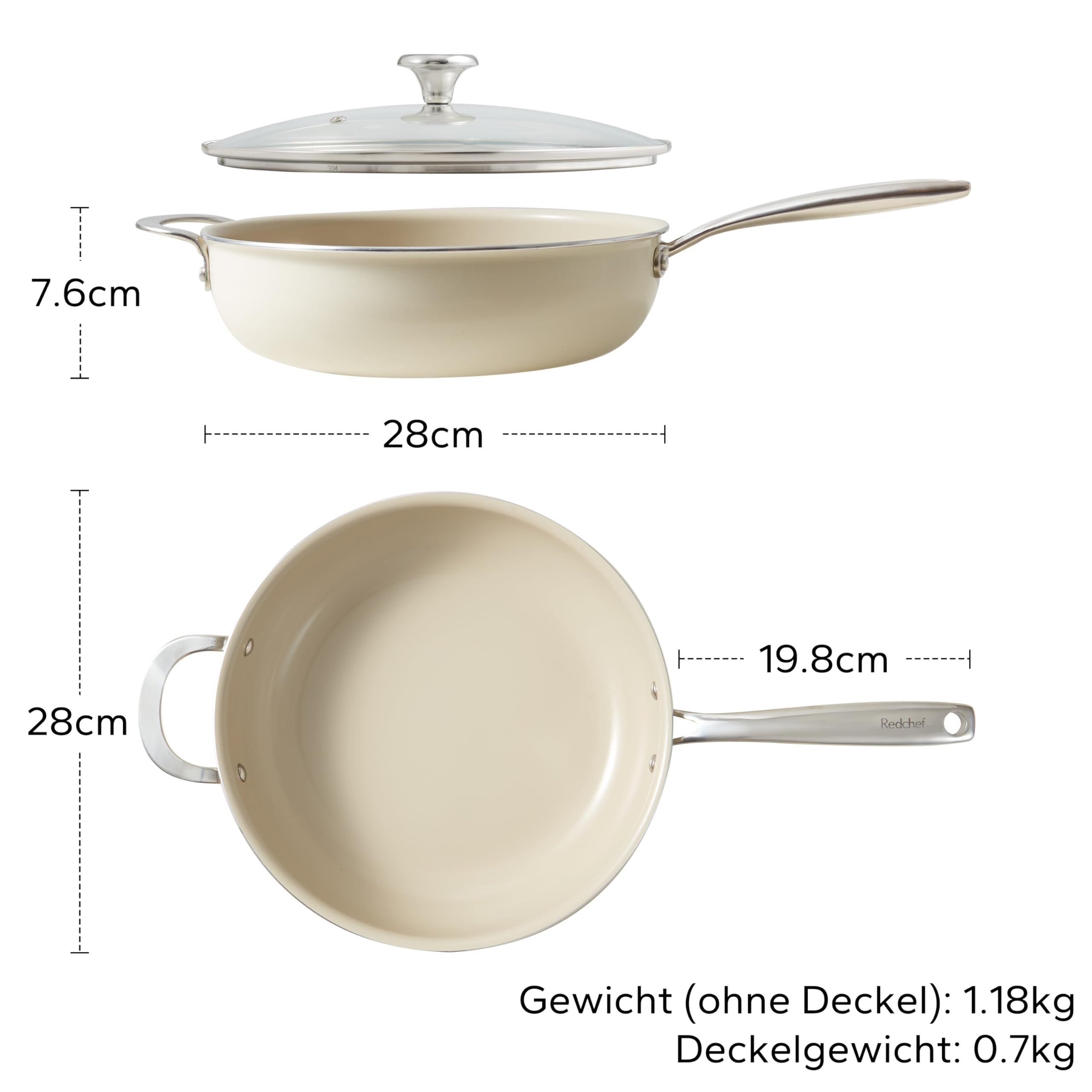 Redchef Sartén de 28 cm, sartén con tapa antiadherente de cerámica, sartén de inducción de cerámica con mango de acero inoxidable, sin PTFE, libre de PFOA, sin PFAS, apta para horno, apta para