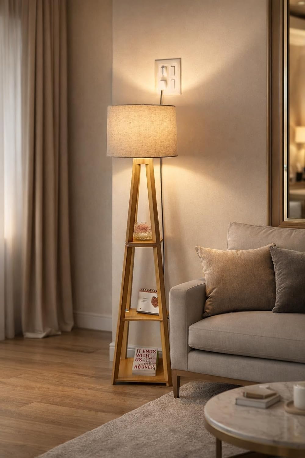 Floor Lamp with Shelves, Wooden Stand | 3-Tier Storage, Linen Shade | Floor Lamp-image-47