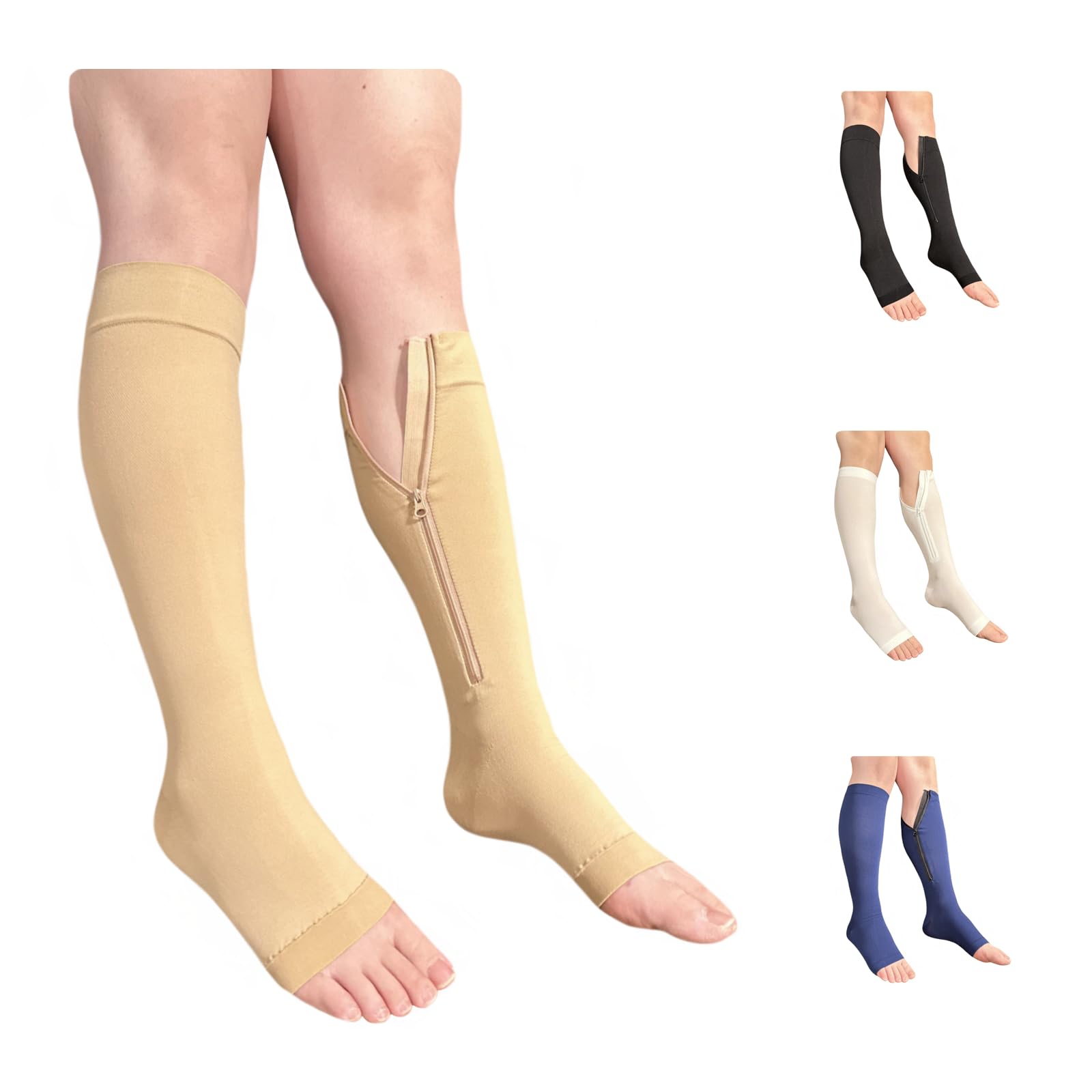 Ziperior Open Toe Inside Leg Calf Zipper 30-40 mmHg Grade 3 Compression Socks