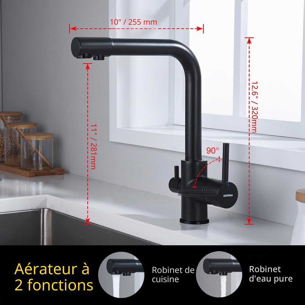 GRIFEMA Dover, Mitigeur d'Évier 3 Voies pour Purificateur Filtre, Robinet de Cuisine avec Deux Sorties D'eau, Exclusivité Amazon