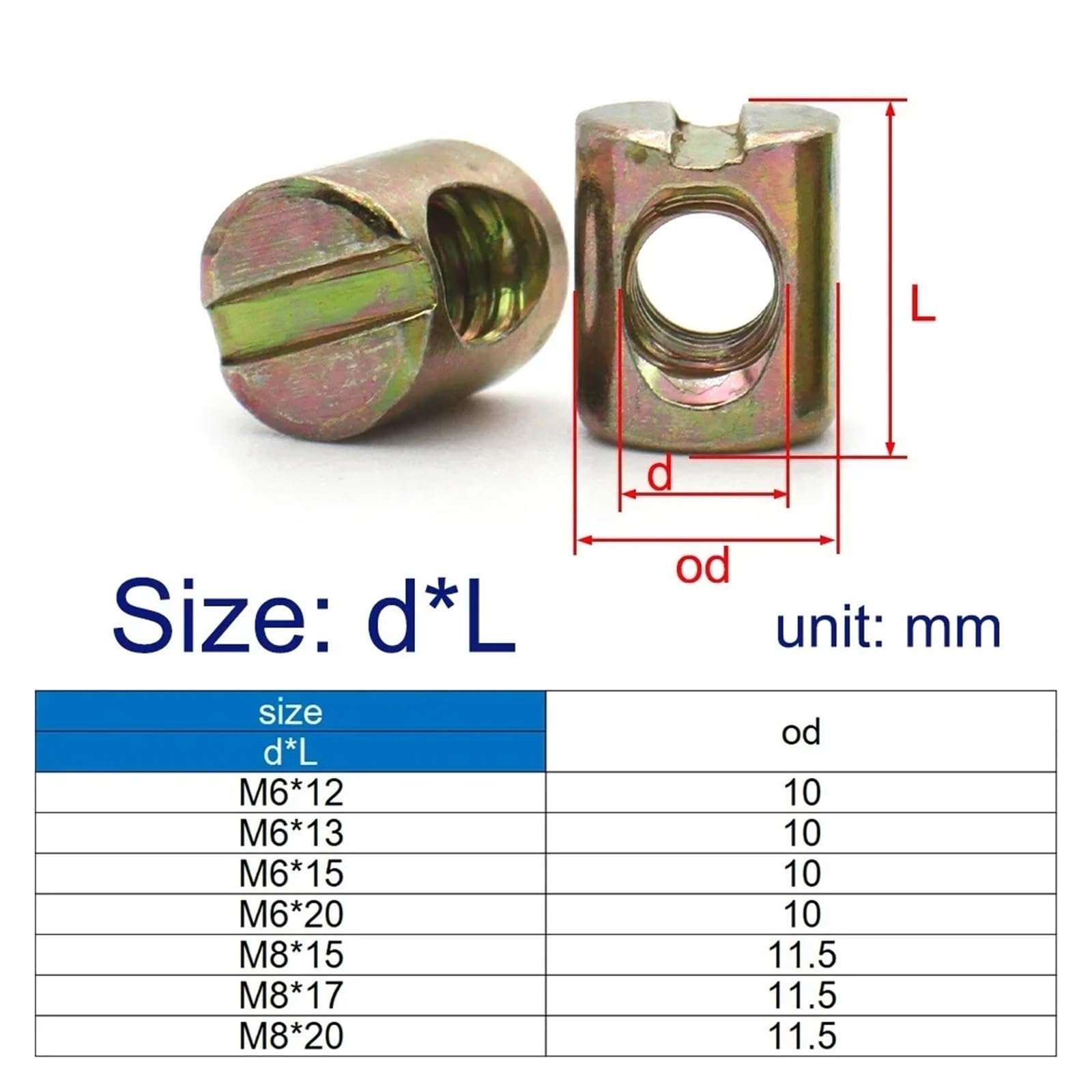 Nakrętki beczkowe do mebli, Opakowanie 6 nakrętek z otworem poziomym, z rowkiem i osadzonym w nich kołkiem, M4-M8(M8x17mm)