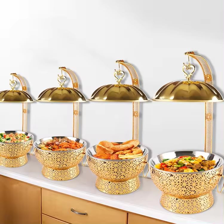 Chafing Dishes for Buffet 4 Pack,8QT [Worry-Free Assemble] Round Chafing Dish Buffet Set [Elegant Luxury Gold Colors] Stainless Steel Chafers and Buffet Warmers Sets for Parties with Complete Set