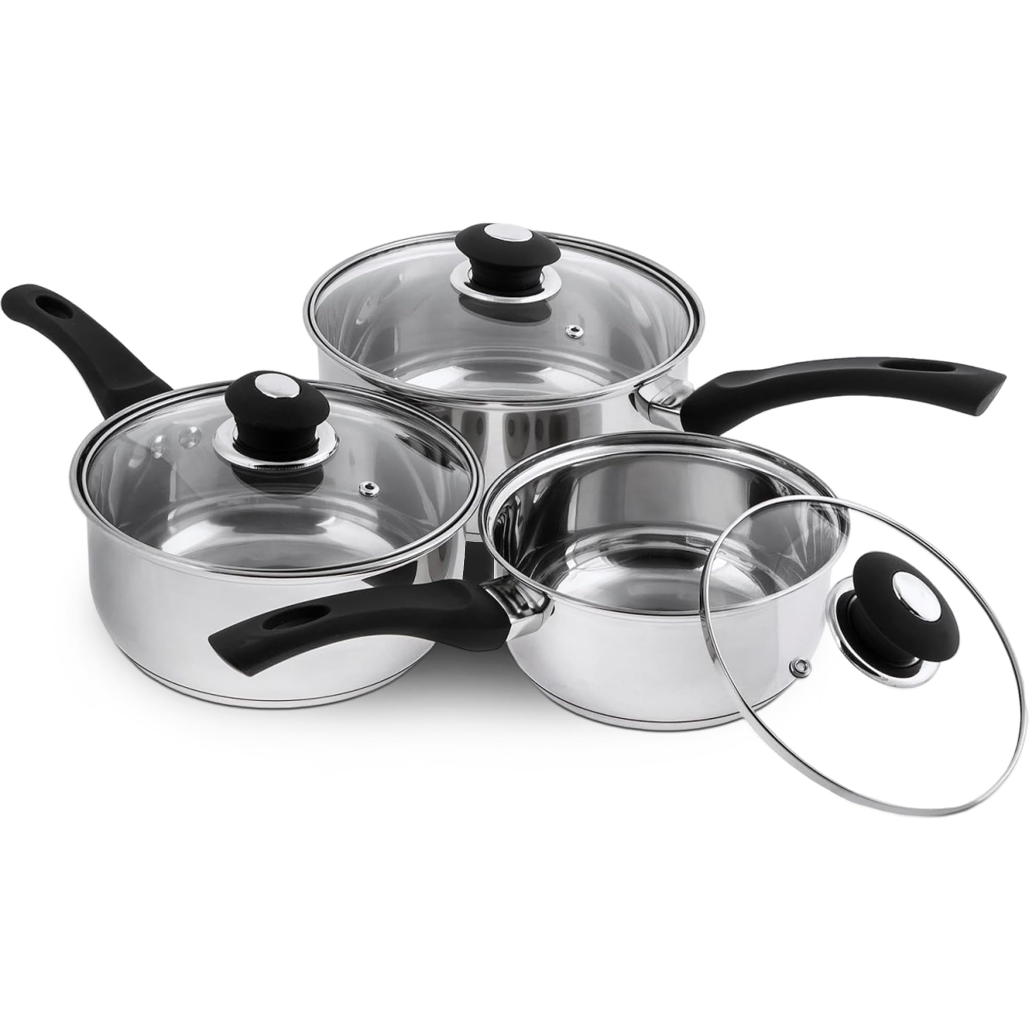 SS2501 3pc Stainless Sauce pan Set with Glass Lids, Stainlees Steel, 41 x 27 x 5.5 cm