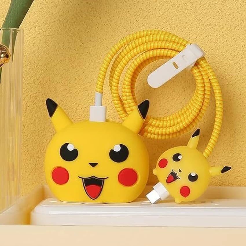 Image of Meyaar Silicone Protective Case for Apple 20W & 18W iPhone USB-C Power Adapter Charger and for USB Lightning Cable, 3D Cartoon Case for iPhone Charger 18W /20W Only (Pika.chuu (Yellow))