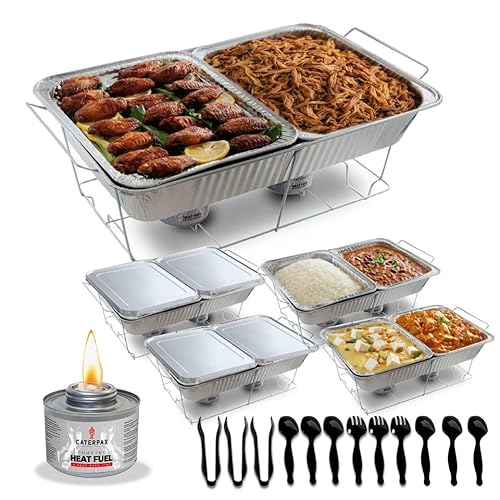 5 Pack - Disposable Chafing Dish Buffet Set - Large Full Size (52 pcs) – Catering Food Warmers with Half-Sized Serving Pans, Lids, Racks, Utensils & Fuel Cans - Perfect for Buffets & Food Serving