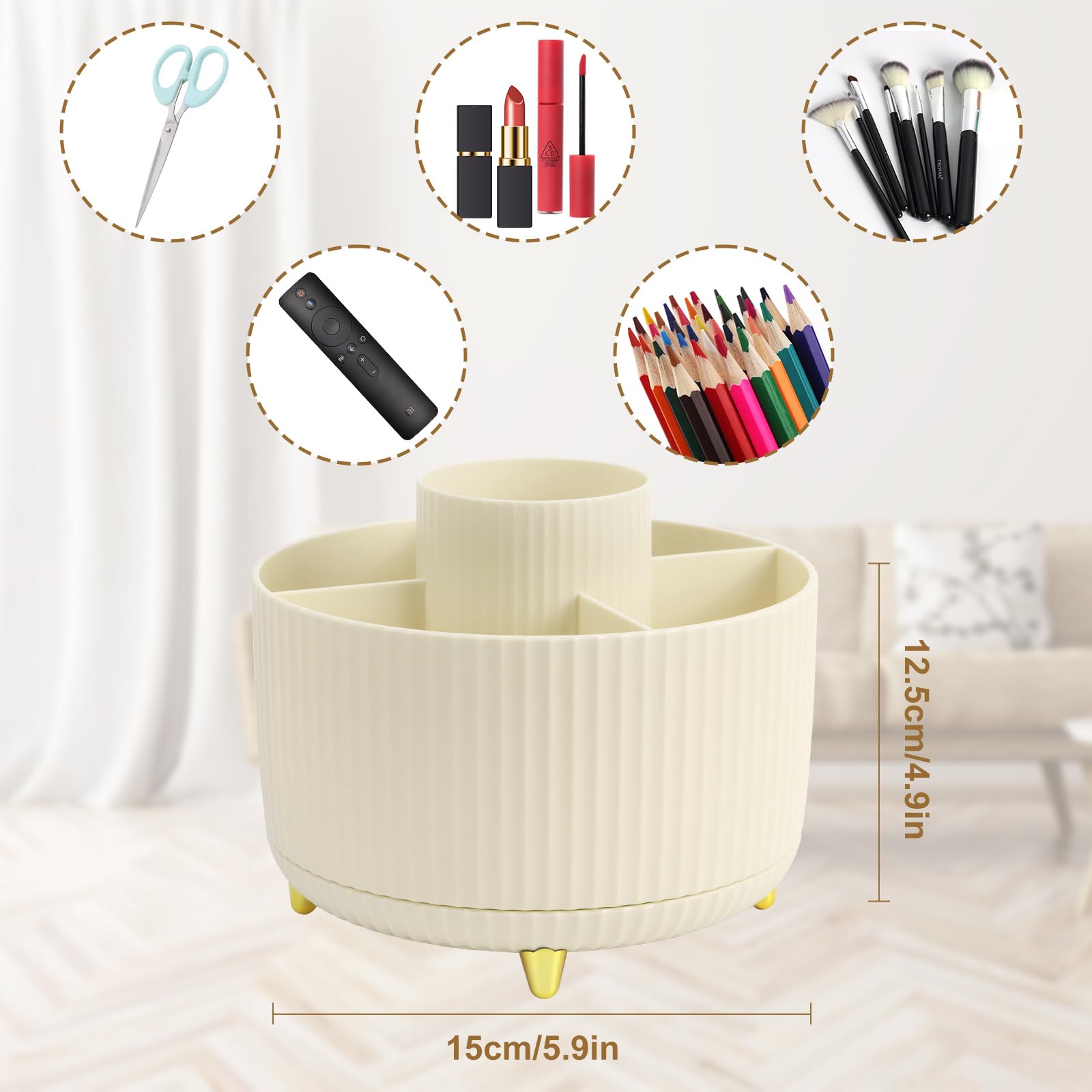 Vilike Rotating Pen Pot for Desk Tidy Beige Desk Organiser & Makeup Brush Holder with 5 Compartment for Women Desk Accessories with Anti-slip for Home Office(Beige) - Image 3