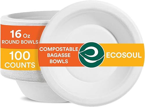 ECO SOUL Paquete de 100 cuencos de papel de bagazo de color blanco perla de 16 onzas (sin PFAS), biodegradables, 100% compostables, aptos para