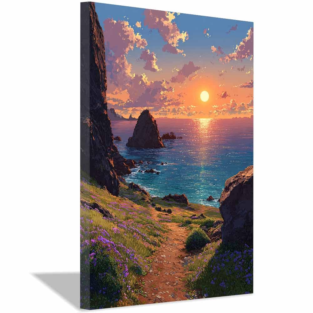 HOQIU Beautiful wall art Floral Sunset Coasts canvas artwork for wall, art prints, For living room, bedroom, bathroom, dining room, painting and decor.(Multicolor)-60x80cm Framed