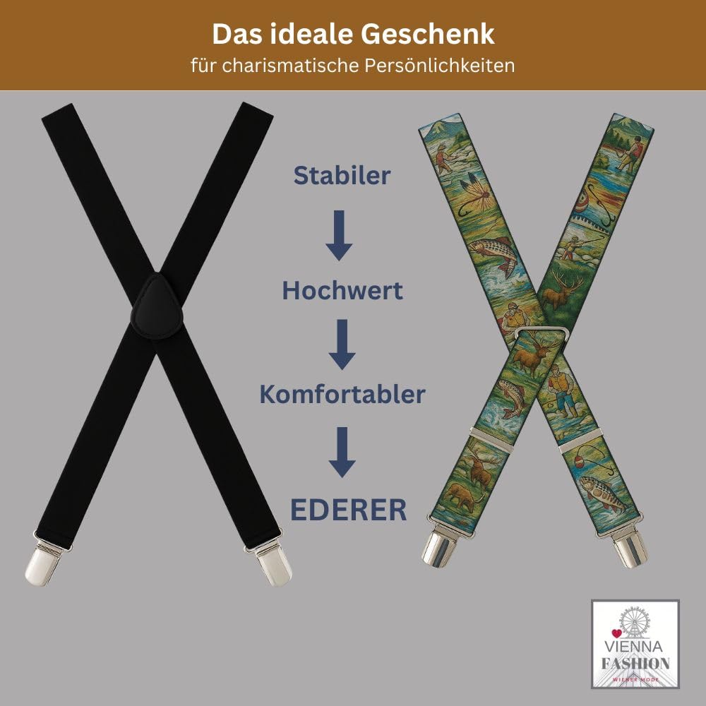 Generisch LACHS FISCHER ST-039 - Tirantes para pantalones (35 mm de ancho, en forma de H, con 4 clips extrafuertes), multicolor