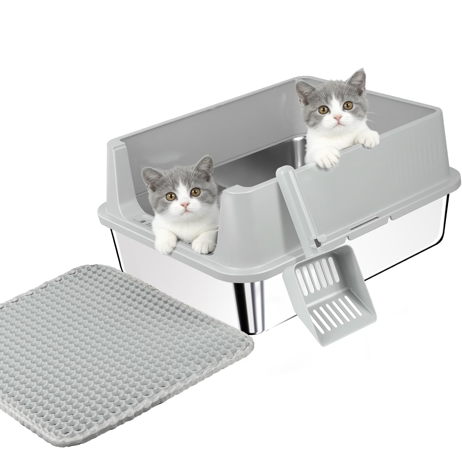 high sided litter box for kittens with low front entry and litter mat to reduce mess