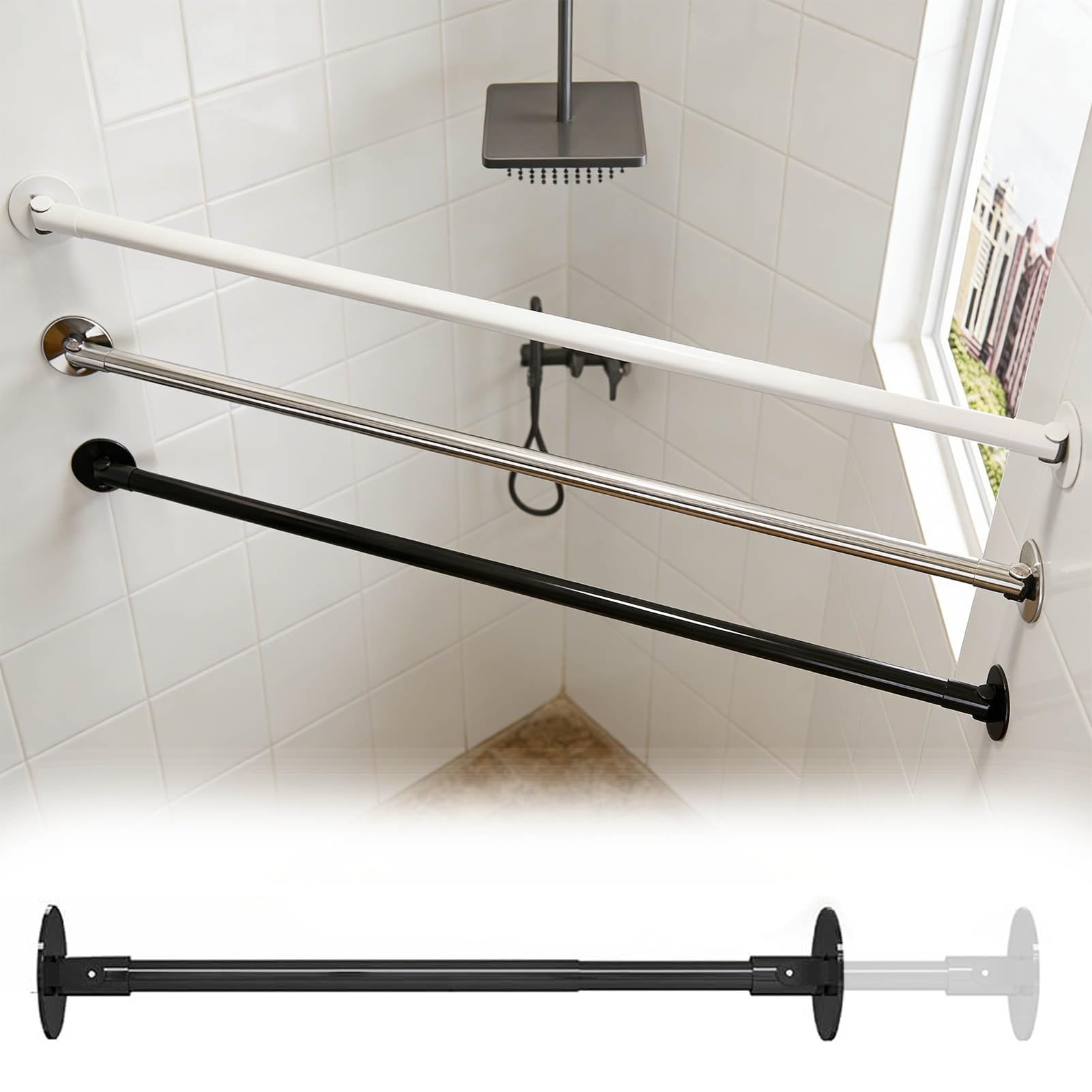 Asta Appendiabiti Bastone per Tenda da Doccia Estensibile per Parete Angolare, Asta di Supporto per Stendino Regolabile con Flangia, Asta Appendiabiti Girevole(Black,140-230cm(55"-90.5"))