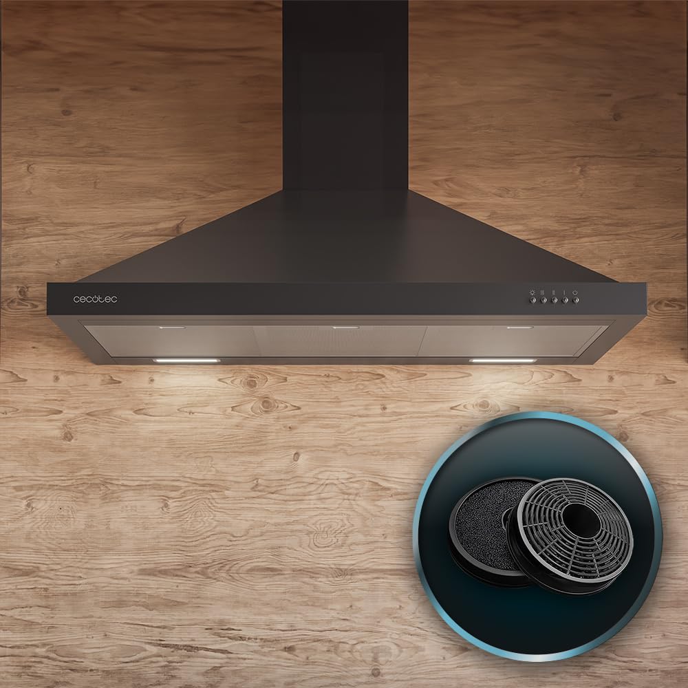 Cecotec Bolero Flux PM 906500 Black A Dunstabzugshaube, 90 cm, Motor 165 W, schwarzes Finish, Saugleistung 650 m³/h, mechanische Steuerung, 3 Leistungsstufen, Licht und Kohlefilter