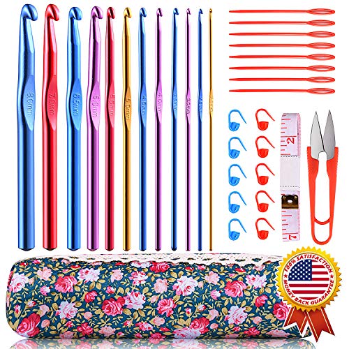33 PCS Crochet Hooks Set, 12 pcs Multicolor Aluminum Crochet Hooks Knitting Needles 2mm(B)-8mm(L) Ergonomic Handle Crochets, Stitch Markers Kit with Portable Case - Best Gift for Mom