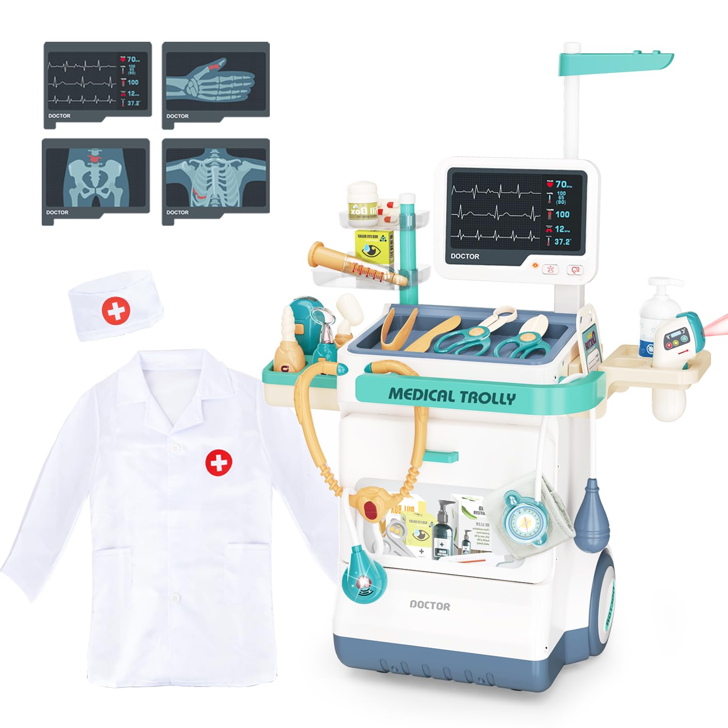 Doctor Kit for Kids 28 Accessories Pretend Medical Station Set for Boys & Girls Mobile Cart with Roleplay Doctor Costume Stethoscope and Medical Toy Accessories for Ages 3 and Up Educational Toys