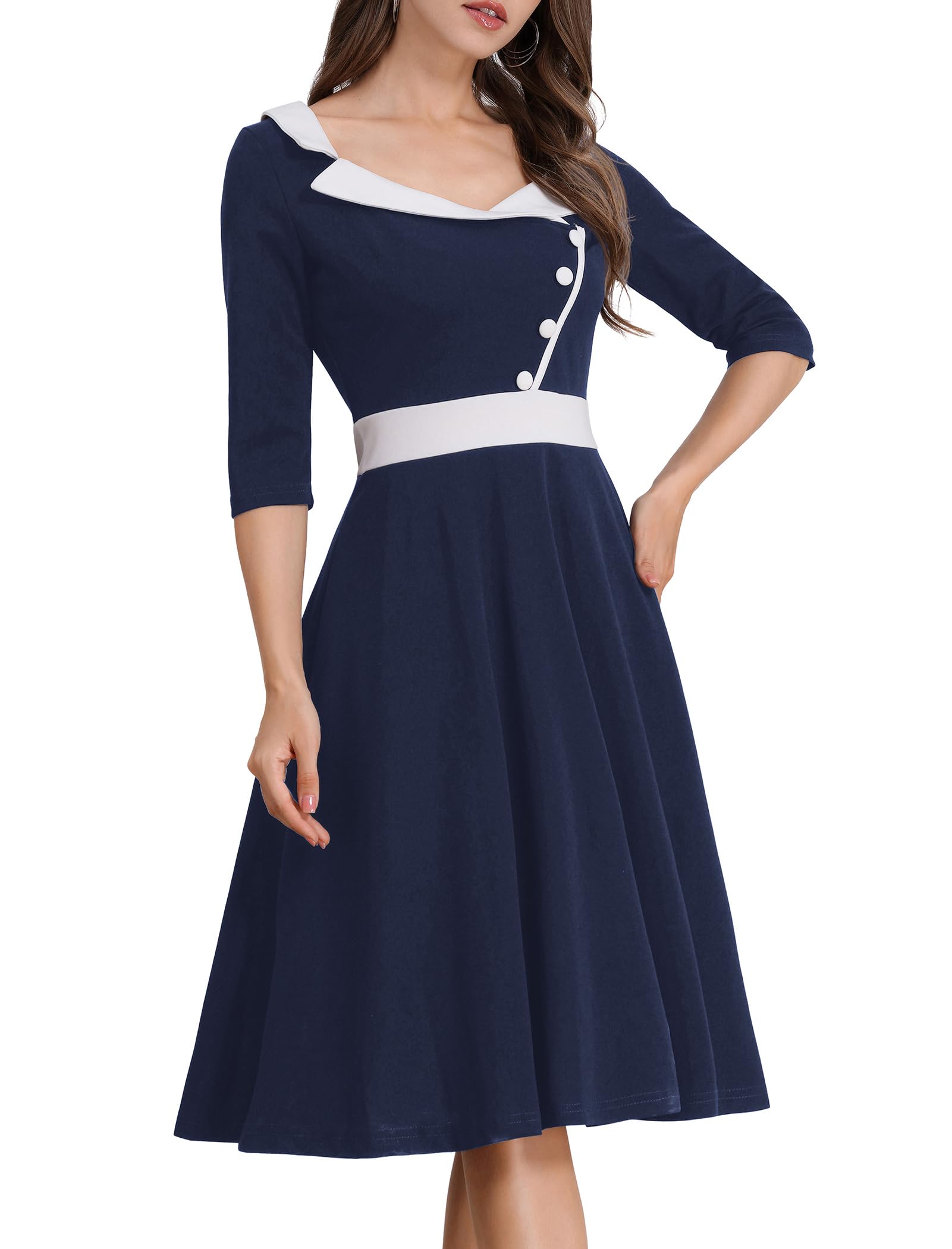 ODIZLI 1950s Dresses for Women Retro Dress 3/4 Sleeve Sweetheart Neckline Swing Midi Dress Cocktail Dress