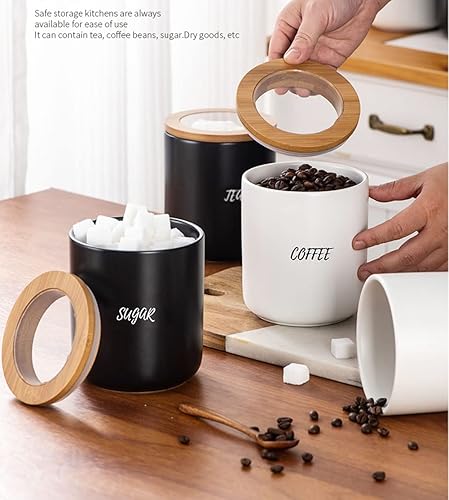 Miniatura 4 de Sello de almacenamiento de alimentos de cerámica de color puro Pot Spice Jar Sugar Bowl con tapa de bambú-café-negro