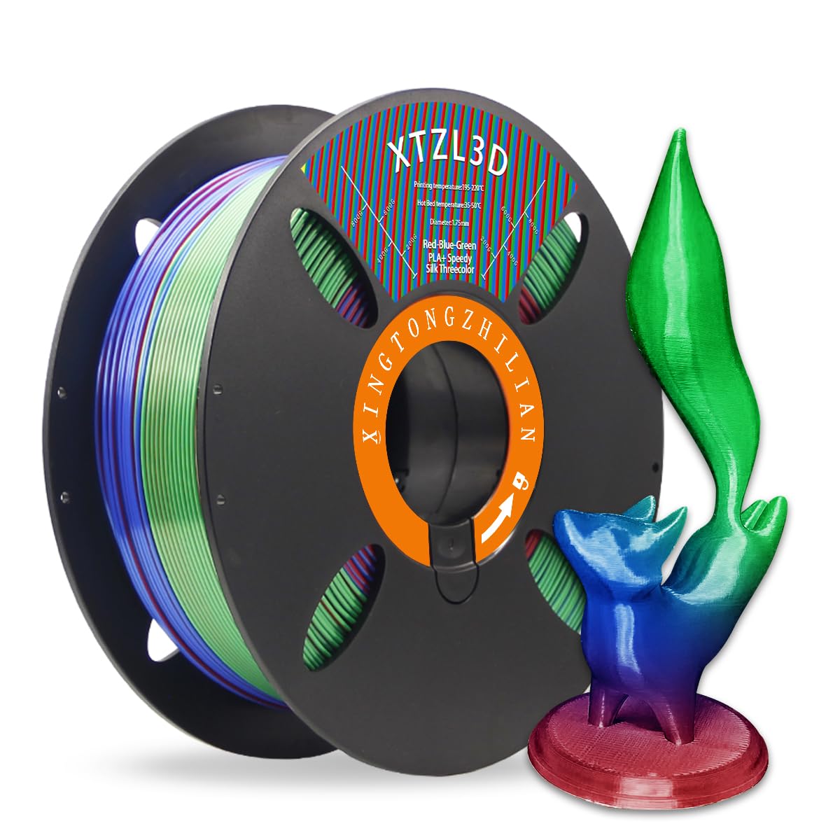 XTZL3D PLA+ 3D Printer Filament, Co-Extruded Tri-Color (Red Blue Green), 1.75 mm 3-Color Silk Filament for Fast Printing, Compatible with Most FDM Printers, 1000 g (2.2 lbs) Accuracy +/-0.02 mm