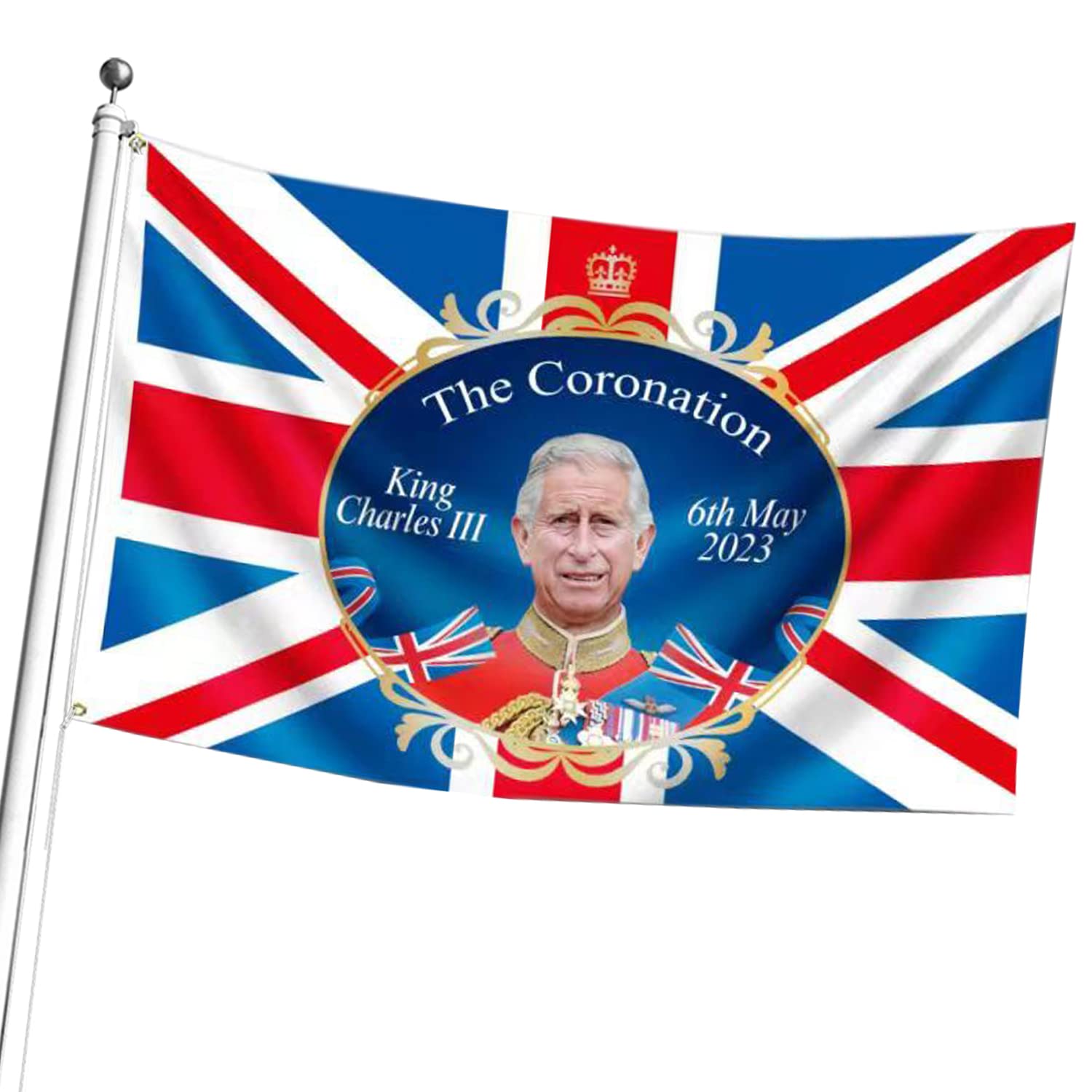 Buy King Charles III , Union Jack s 5ft x 3ft with Eyelets, 100D Large