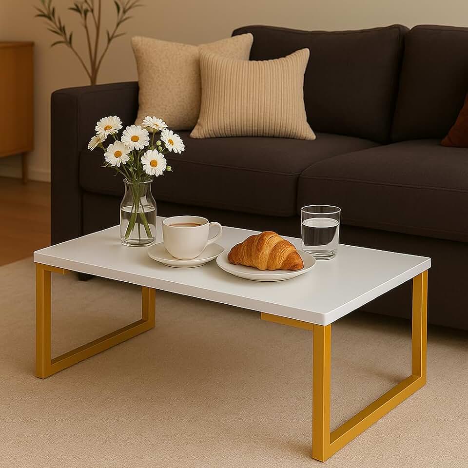 Mesa de Centro Industrial 60x30 - Design Moderno e Estabilidade com Pés de Ferro (DOURADO E BRANCO)